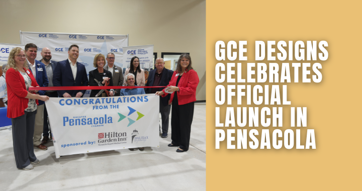 GCE, LifeView Group, and Spectrum Designs leaders pose alongside the Greater Pensacola Chamber for a ribbon cutting. There is text alongside the photo that reads "GCE Designs celebrates official launch in Pensacola."