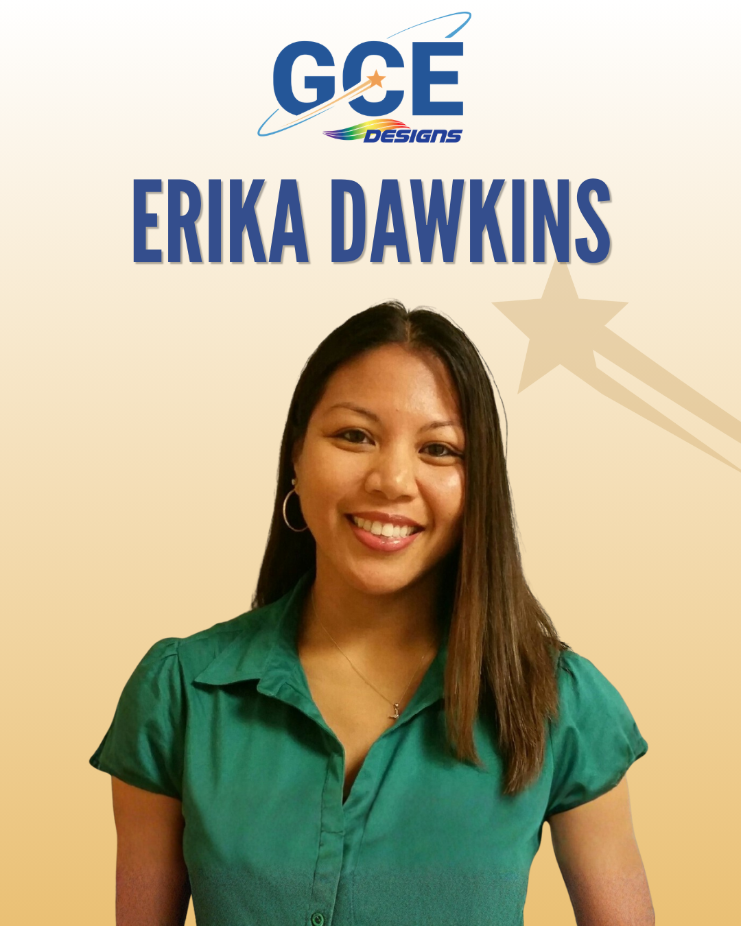 Image of Erika Dawkins with the GCE Designs logo above her